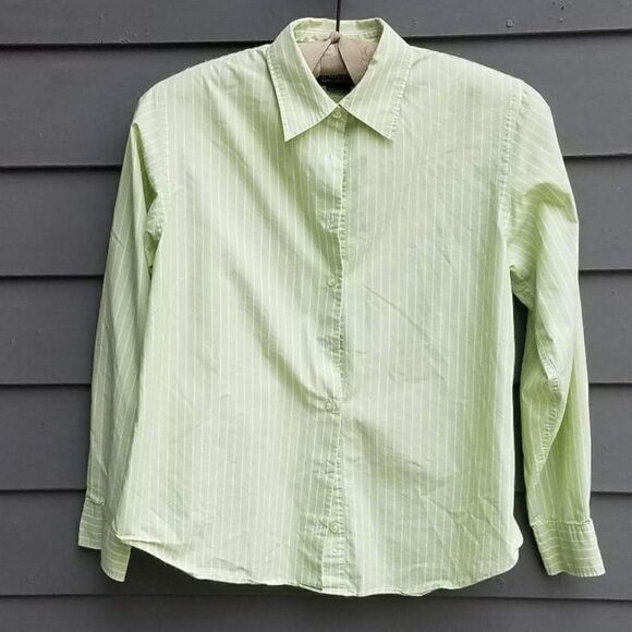 Lands end Green Stripe Cotton Blend Button Down Blouse Size 8P - Picture 1 of 6